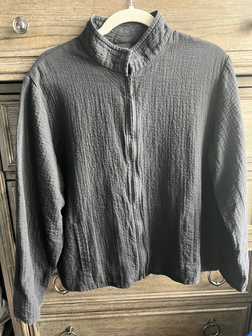 EILEEN FISHER Jacket L Textured Cotton Blend Blazer Full Zip Mock Neck Black USA